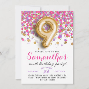 Uitnodiging 9e verjaardag met confetti