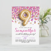 Uitnodiging 9e verjaardag met confetti (Staand voorkant)