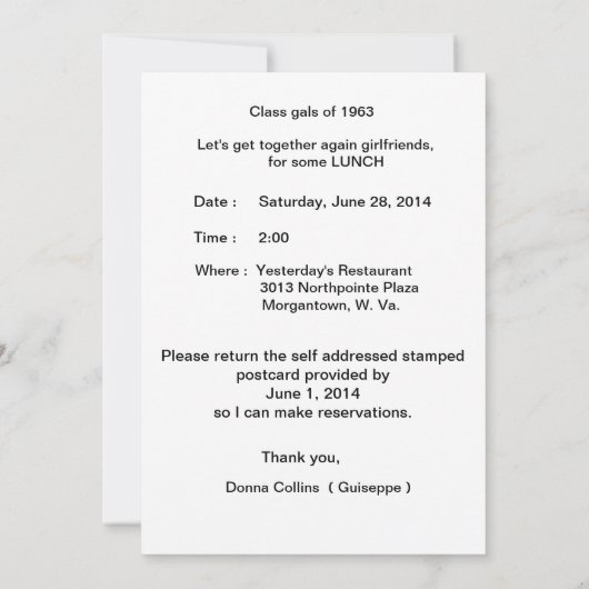 Uitnodiging, aangepast 1963 Uitnodiging voor belle (Achterkant)