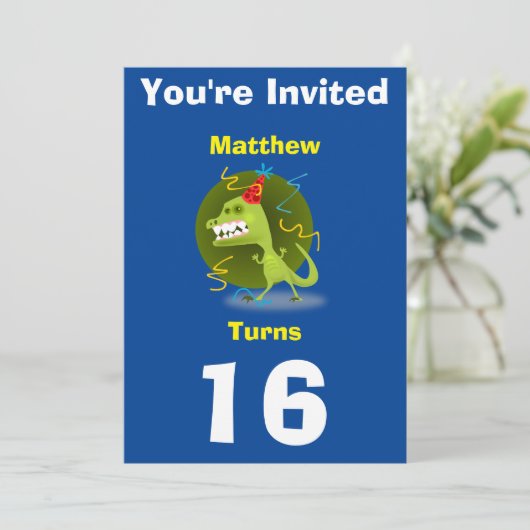 Uitnodiging Aangepaste Dinosaurus- Verjaardag-voeg (Staand voorkant)