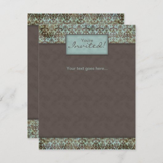 Uitnodiging Aankondiging Damask Bruin Turq 5 (Voorkant / Achterkant)