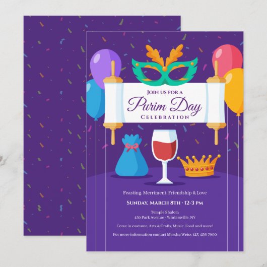 Uitnodiging/Aankondiging Purim-viering Kaart (Voorkant / Achterkant)