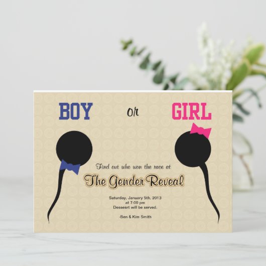 Uitnodiging/aankondiging van een grappige genderpu kaart (Staand voorkant)