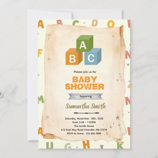 Uitnodiging ABC Blokken feestje (Voorkant)