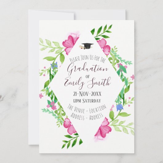 Uitnodiging afstuderen bloemschildering krans meis (Voorkant)