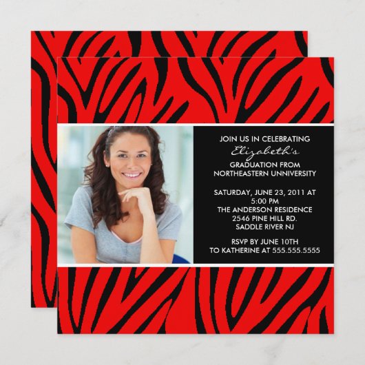 Uitnodiging afstuderen met foto-rood Zebra afdrukk (Voorkant / Achterkant)