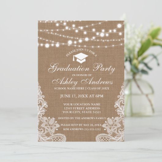 Uitnodiging Afstuderen Rustic Burlap Lights W (Staand voorkant)