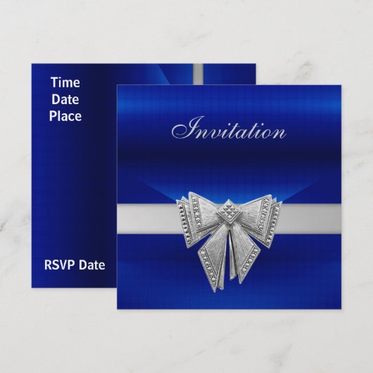 Uitnodiging Alle gelegenheden Blauwe Zilver Bow (Voorkant / Achterkant)
