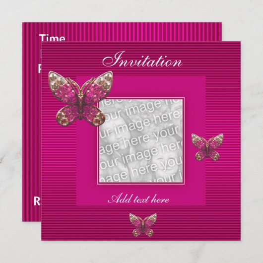 Uitnodiging Alle keren Roze Butterfly Voeg Foto to (Voorkant / Achterkant)
