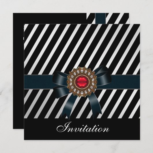 Uitnodiging Alle Occasies Zwarte witte strepe Red  (Voorkant / Achterkant)