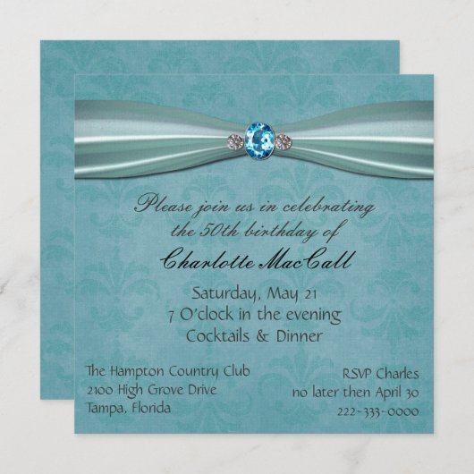 uitnodiging Aqua Damask Birthday (Voorkant / Achterkant)