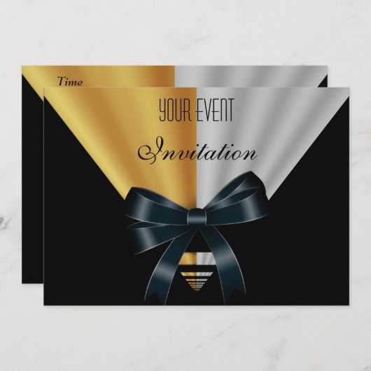 Uitnodiging art Deco Black Gold Bow (Voorkant / Achterkant)