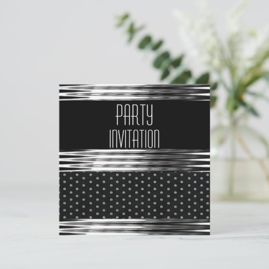 Uitnodiging Art Deco Black Silver Spot (Staand voorkant)