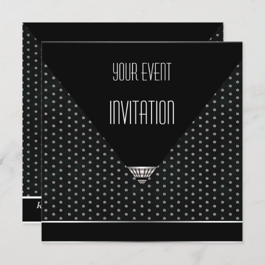 Uitnodiging Art Deco Black Silver White Spots (Voorkant / Achterkant)