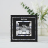 Uitnodiging Art Deco Silver Black Diamond Swan (Staand voorkant)