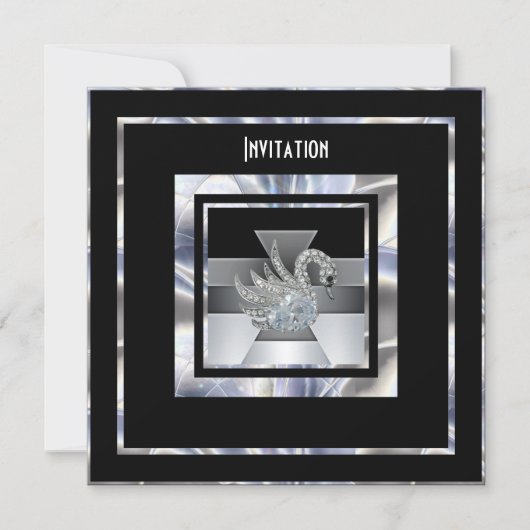 Uitnodiging Art Deco Silver Black Diamond Swan (Voorkant)