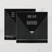 Uitnodiging Art Deco Zwart Zilver Wit Stippen (Voorkant / Achterkant)