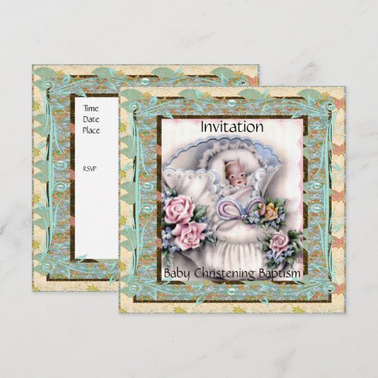 Uitnodiging Baby Christening Baptisme Blauwgroen V (Voorkant / Achterkant)