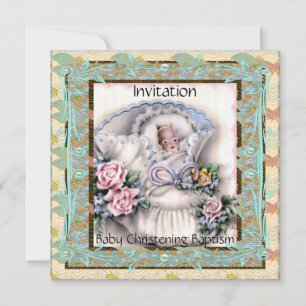 Uitnodiging Baby Doop Doopfeest Teal Vintage