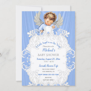 Uitnodiging Baby Engel Blauw Zilver Licht Huidskle