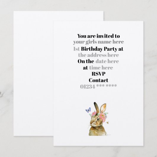 Uitnodiging - Baby meisjes 1e verjaardag (Voorkant / Achterkant)