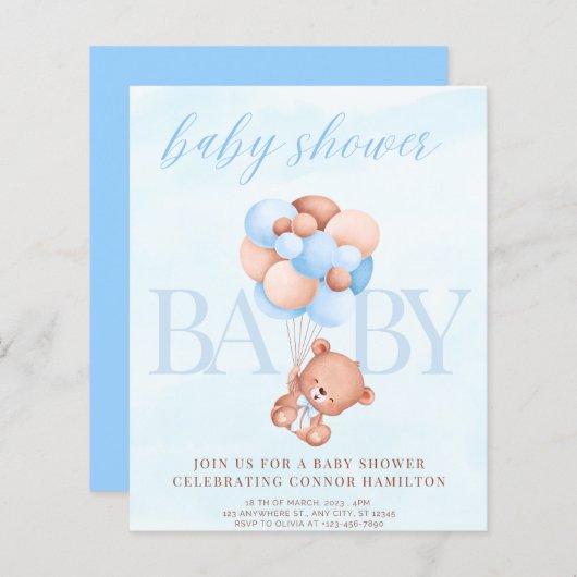 Uitnodiging baby shower, Blauw, Baby Boy (Voorkant / Achterkant)