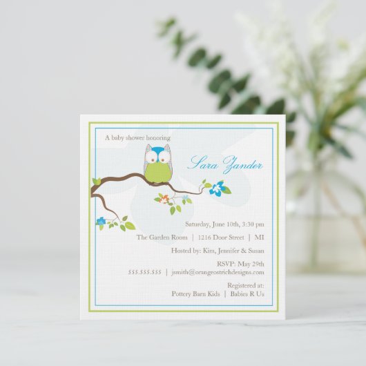 Uitnodiging baby shower - Blauwe en Groene Baby Ow (Staand voorkant)