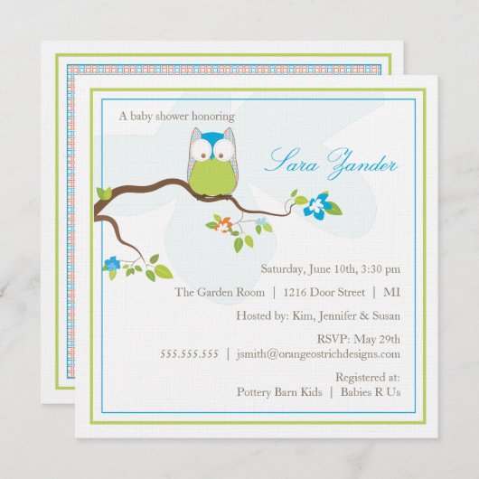 Uitnodiging baby shower - Blauwe en Groene Baby Ow (Voorkant / Achterkant)