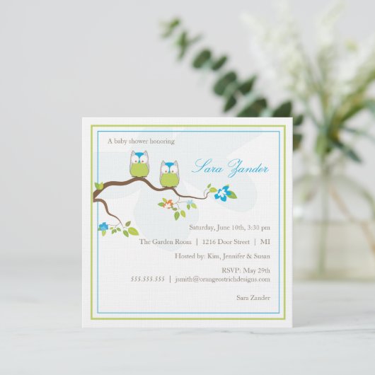 Uitnodiging baby shower - Blauwe Twin Baby Ownersh (Staand voorkant)