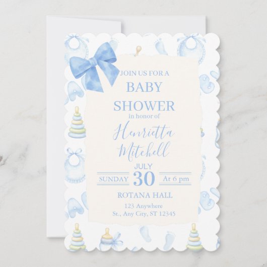 Uitnodiging Baby Shower 'Blue Watercolor Boy' (Voorkant)
