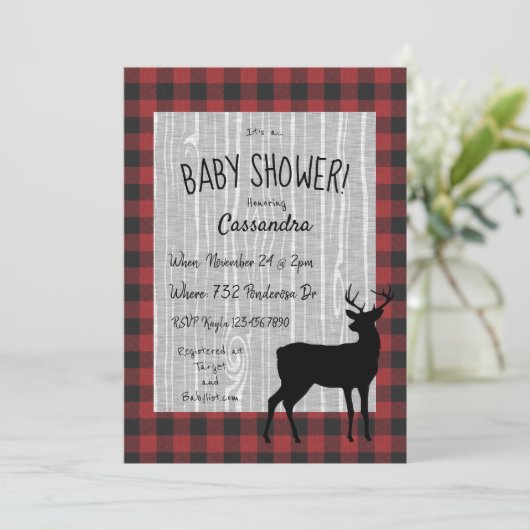 Uitnodiging Baby shower bos — rood/zwart (Staand voorkant)