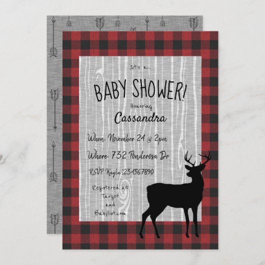 Uitnodiging Baby shower bos — rood/zwart (Voorkant / Achterkant)