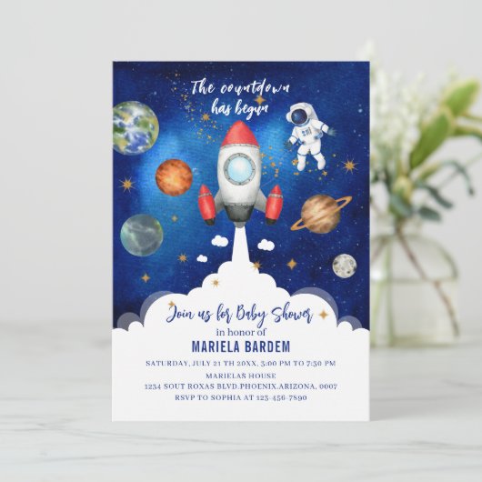 Uitnodiging baby shower buitenruimtescheiding (Staand voorkant)