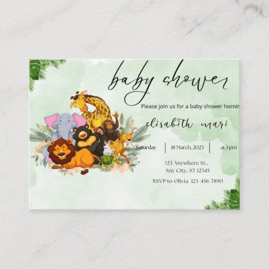 uitnodiging baby shower dieren schattig informatiekaartje (Voorkant)