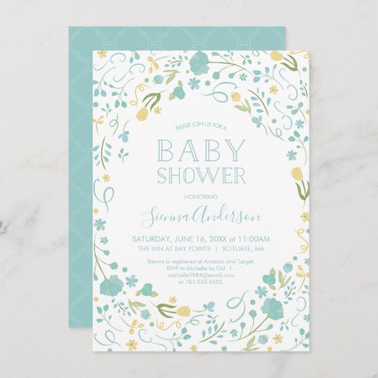 Uitnodiging baby shower - Floral, Aangepast uitnod (Voorkant / Achterkant)