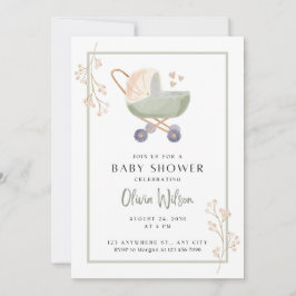 uitnodiging baby shower groene bloemen wandelwagen