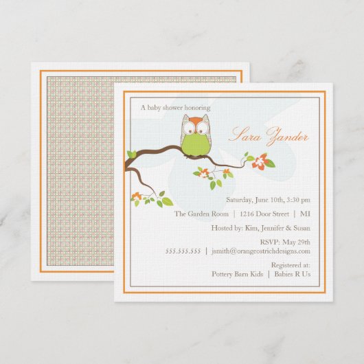 Uitnodiging baby shower - Groene en Oranje Baby Ow (Voorkant / Achterkant)