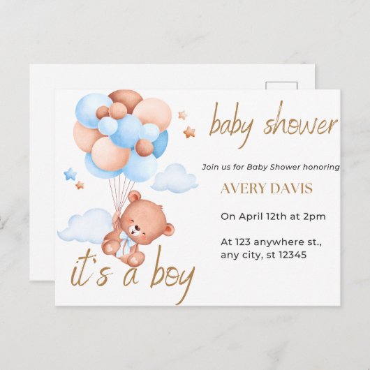 Uitnodiging baby shower, het is een jongen (Voorkant / Achterkant)