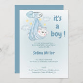  uitnodiging baby shower jongen blauw , (Voorkant / Achterkant)