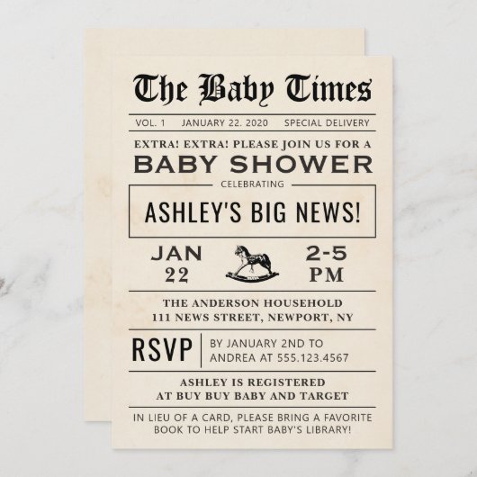 Uitnodiging Baby shower krant (Voorkant / Achterkant)