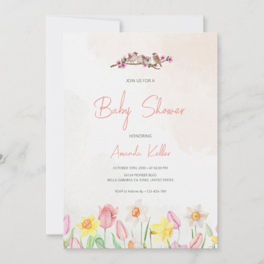 Uitnodiging Baby shower lente-Floral (Voorkant)