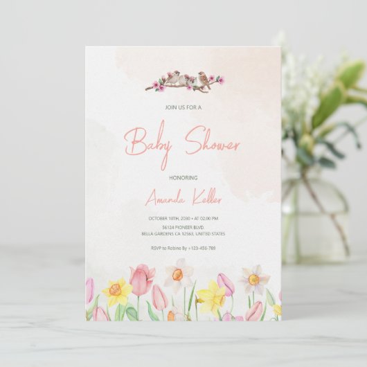 Uitnodiging Baby shower lente-Floral (Staand voorkant)