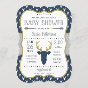 Uitnodiging Baby shower, marine, grijs, goud