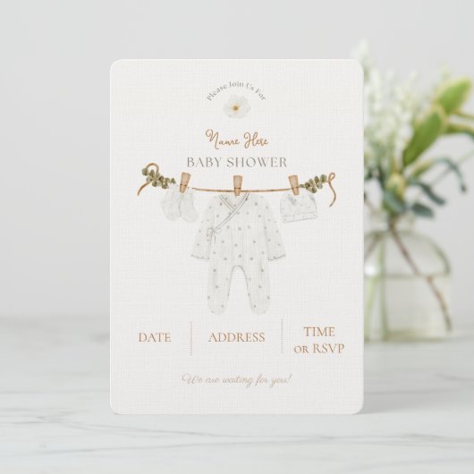 Uitnodiging baby shower neutraal bruin rustiek (Staand voorkant)