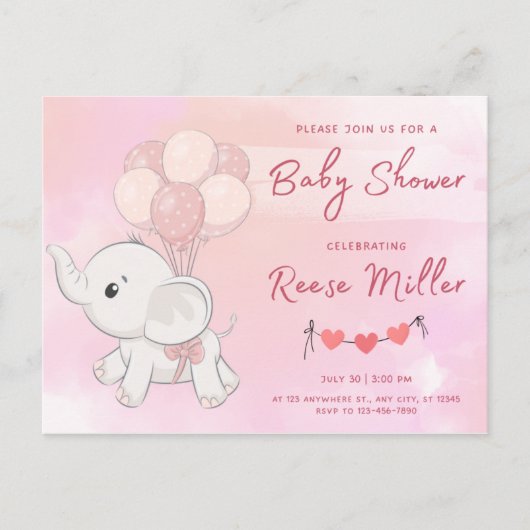 Uitnodiging baby shower, olifant, meisjes, (Voorkant)
