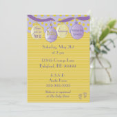 Uitnodiging baby shower. Paars/goud, Stippen/strip (Staand voorkant)