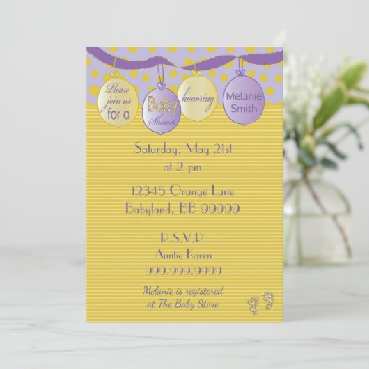 Uitnodiging baby shower. Paars/goud, Stippen/strip (Staand voorkant)