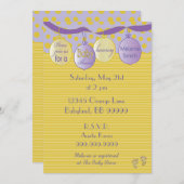 Uitnodiging baby shower. Paars/goud, Stippen/strip (Voorkant / Achterkant)