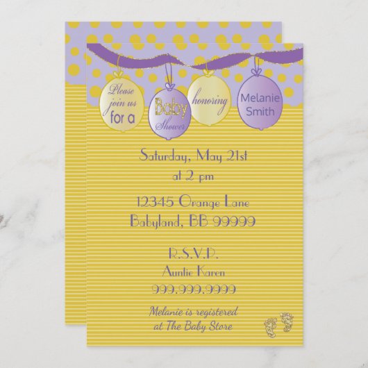 Uitnodiging baby shower. Paars/goud, Stippen/strip (Voorkant / Achterkant)
