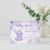 Uitnodiging baby shower, paarse olifantenbloemen (Staand voorkant)